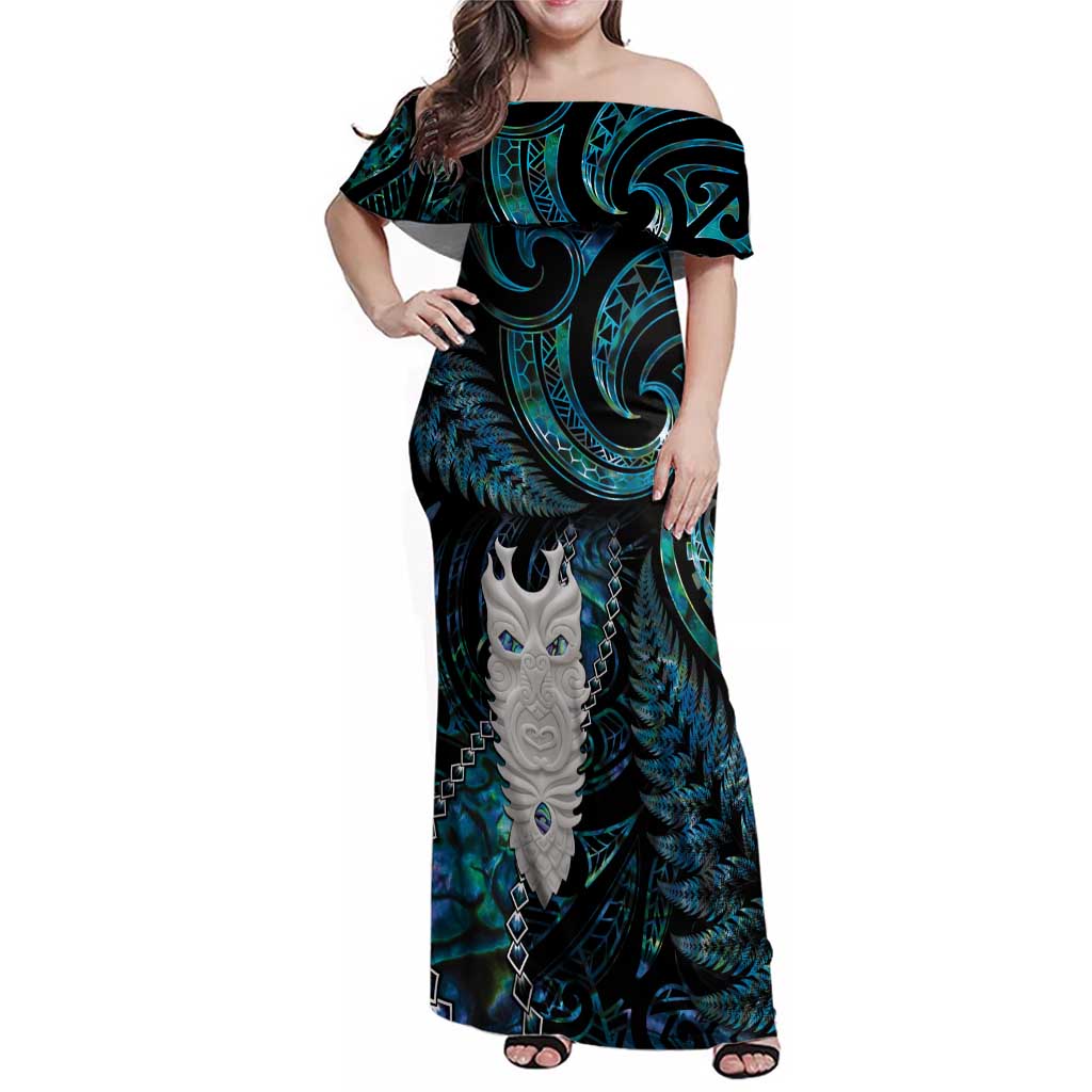 New Zealand Aotearoa Family Matching Off Shoulder Maxi Dress and Hawaiian Shirt Maori Tane Te Waiora Paua Shell Glitter Turquoise LT05 Mom's Dress Turquoise - Polynesian Pride