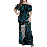 New Zealand Aotearoa Family Matching Off Shoulder Maxi Dress and Hawaiian Shirt Maori Tane Te Waiora Paua Shell Glitter Turquoise LT05 Mom's Dress Turquoise - Polynesian Pride