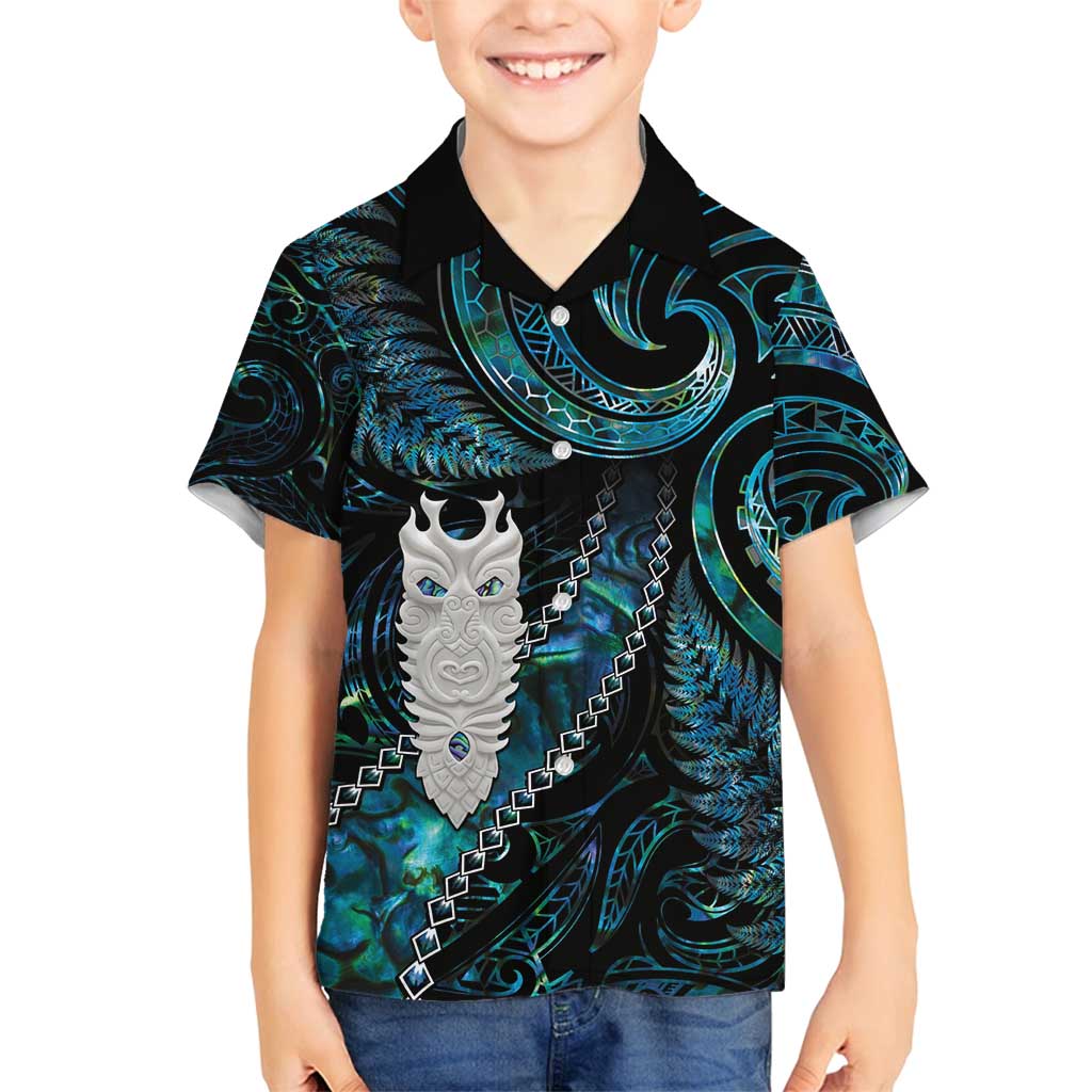 New Zealand Aotearoa Family Matching Off Shoulder Maxi Dress and Hawaiian Shirt Maori Tane Te Waiora Paua Shell Glitter Turquoise LT05 Son's Shirt Turquoise - Polynesian Pride
