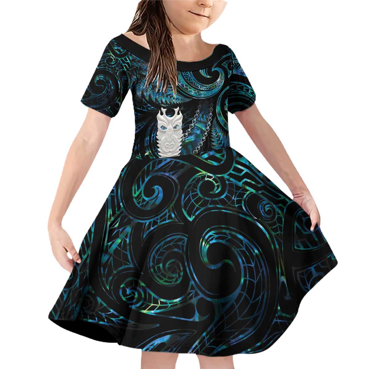 New Zealand Aotearoa Family Matching Off Shoulder Short Dress and Hawaiian Shirt Maori Tane Te Waiora Paua Shell Glitter Turquoise LT05 Daughter's Dress Turquoise - Polynesian Pride