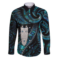 New Zealand Aotearoa Family Matching Off Shoulder Short Dress and Hawaiian Shirt Maori Tane Te Waiora Paua Shell Glitter Turquoise LT05 Dad's Shirt - Long Sleeve Turquoise - Polynesian Pride