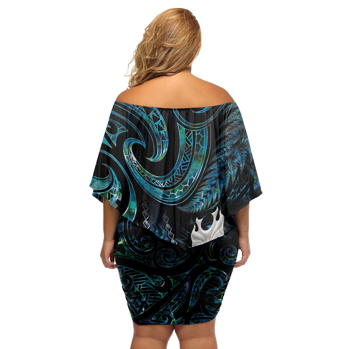 New Zealand Aotearoa Family Matching Off Shoulder Short Dress and Hawaiian Shirt Maori Tane Te Waiora Paua Shell Glitter Turquoise LT05 - Polynesian Pride