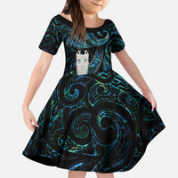 New Zealand Aotearoa Family Matching Puletasi and Hawaiian Shirt Maori Tane Te Waiora Paua Shell Glitter Turquoise LT05 Daughter's Dress Turquoise - Polynesian Pride