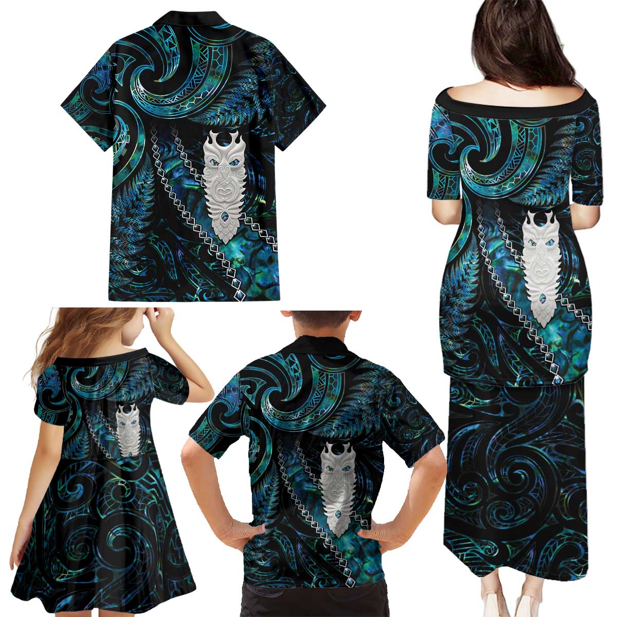 New Zealand Aotearoa Family Matching Puletasi and Hawaiian Shirt Maori Tane Te Waiora Paua Shell Glitter Turquoise LT05 - Polynesian Pride