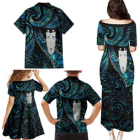 New Zealand Aotearoa Family Matching Puletasi and Hawaiian Shirt Maori Tane Te Waiora Paua Shell Glitter Turquoise LT05 - Polynesian Pride