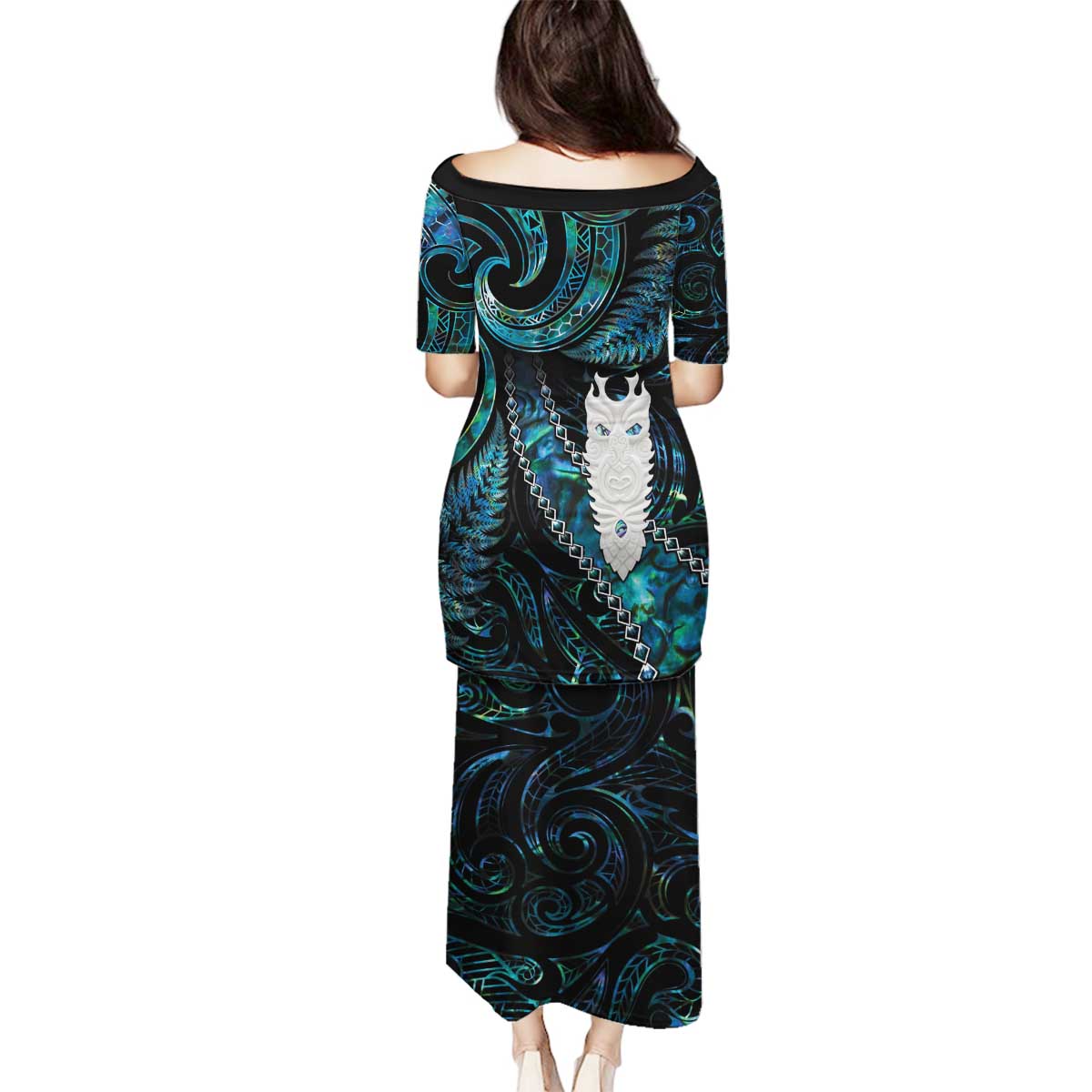New Zealand Aotearoa Family Matching Puletasi and Hawaiian Shirt Maori Tane Te Waiora Paua Shell Glitter Turquoise LT05 - Polynesian Pride