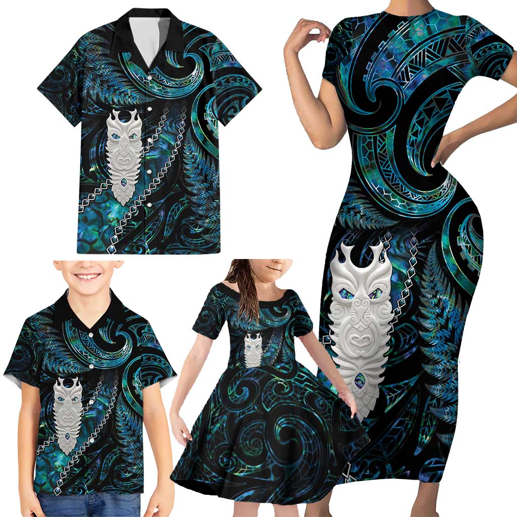 New Zealand Aotearoa Family Matching Short Sleeve Bodycon Dress and Hawaiian Shirt Maori Tane Te Waiora Paua Shell Glitter Turquoise LT05 - Polynesian Pride