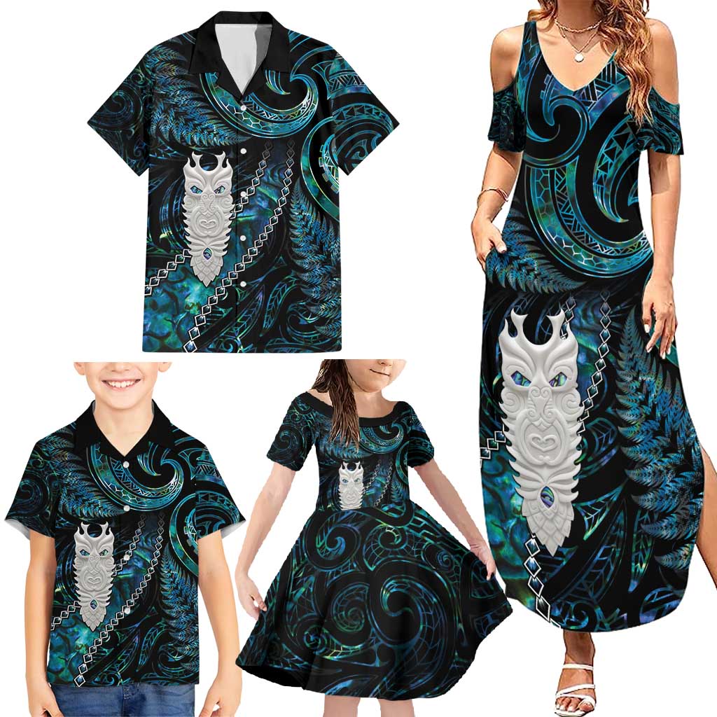 New Zealand Aotearoa Family Matching Summer Maxi Dress and Hawaiian Shirt Maori Tane Te Waiora Paua Shell Glitter Turquoise LT05 - Polynesian Pride