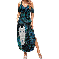 New Zealand Aotearoa Family Matching Summer Maxi Dress and Hawaiian Shirt Maori Tane Te Waiora Paua Shell Glitter Turquoise LT05 Mom's Dress Turquoise - Polynesian Pride