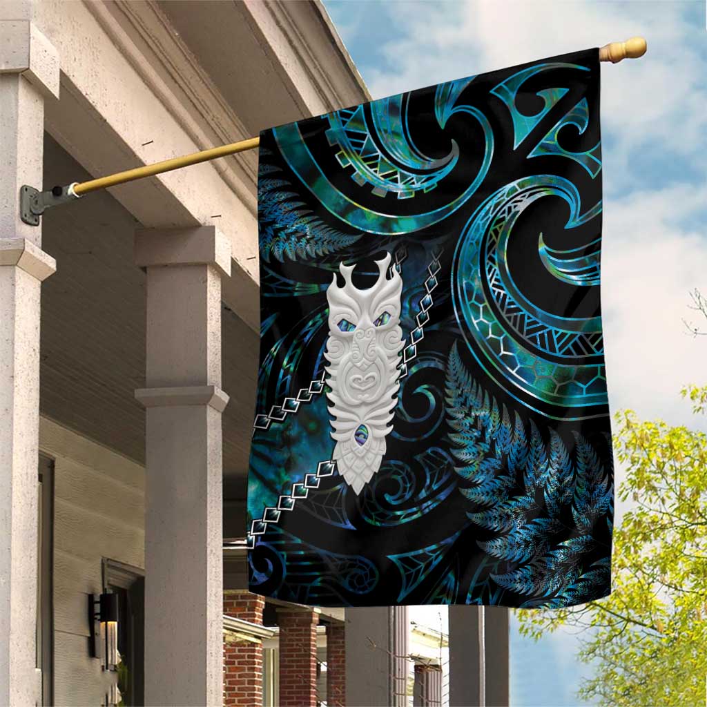 New Zealand Aotearoa Garden Flag Maori Tane Te Waiora Paua Shell Glitter Turquoise LT05 House Flag Turquoise - Polynesian Pride