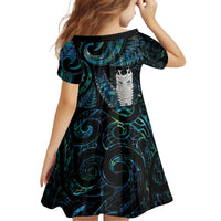 New Zealand Aotearoa Kid Short Sleeve Dress Maori Tane Te Waiora Paua Shell Glitter Turquoise LT05 - Polynesian Pride