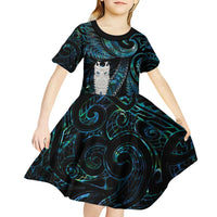 New Zealand Aotearoa Kid Short Sleeve Dress Maori Tane Te Waiora Paua Shell Glitter Turquoise LT05 - Polynesian Pride
