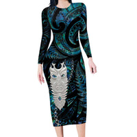 New Zealand Aotearoa Long Sleeve Bodycon Dress Maori Tane Te Waiora Paua Shell Glitter Turquoise LT05 Long Dress Turquoise - Polynesian Pride