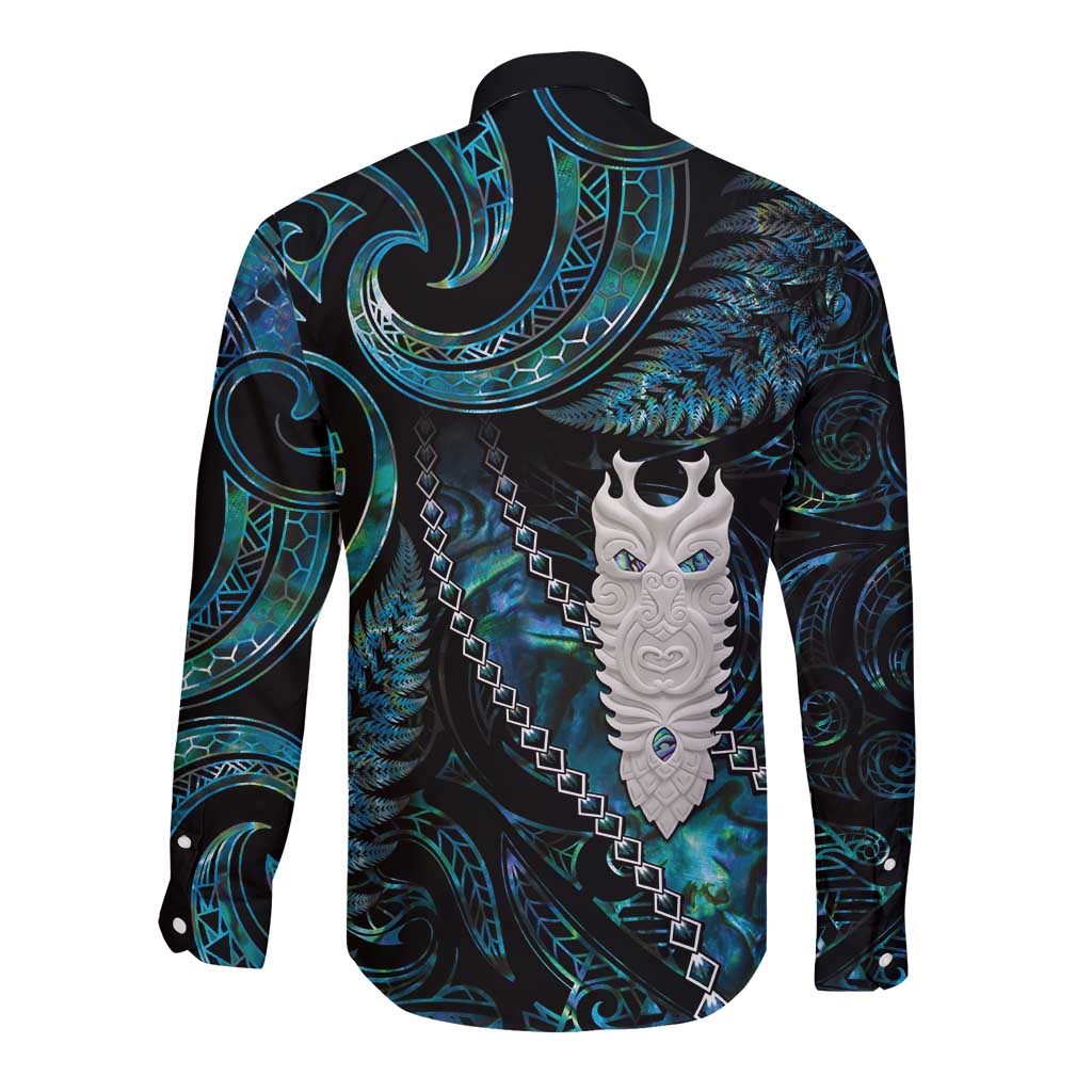 New Zealand Aotearoa Long Sleeve Button Shirt Maori Tane Te Waiora Paua Shell Glitter Turquoise LT05 - Polynesian Pride