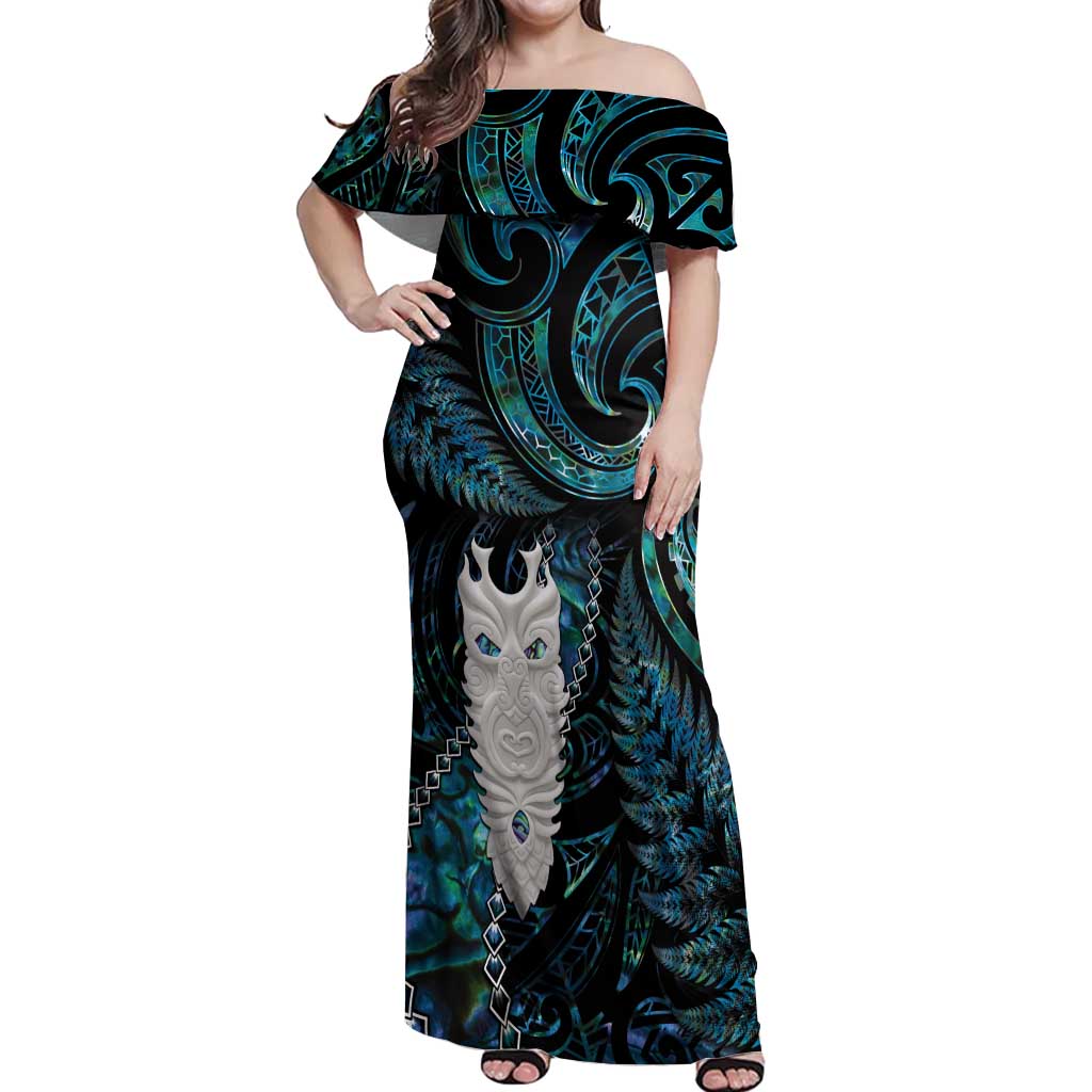New Zealand Aotearoa Off Shoulder Maxi Dress Maori Tane Te Waiora Paua Shell Glitter Turquoise LT05 Women Turquoise - Polynesian Pride