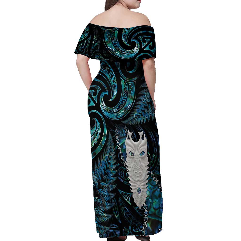 New Zealand Aotearoa Off Shoulder Maxi Dress Maori Tane Te Waiora Paua Shell Glitter Turquoise LT05 - Polynesian Pride
