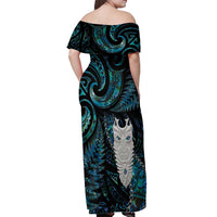 New Zealand Aotearoa Off Shoulder Maxi Dress Maori Tane Te Waiora Paua Shell Glitter Turquoise LT05 - Polynesian Pride