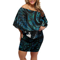 New Zealand Aotearoa Off Shoulder Short Dress Maori Tane Te Waiora Paua Shell Glitter Turquoise LT05 Women Turquoise - Polynesian Pride