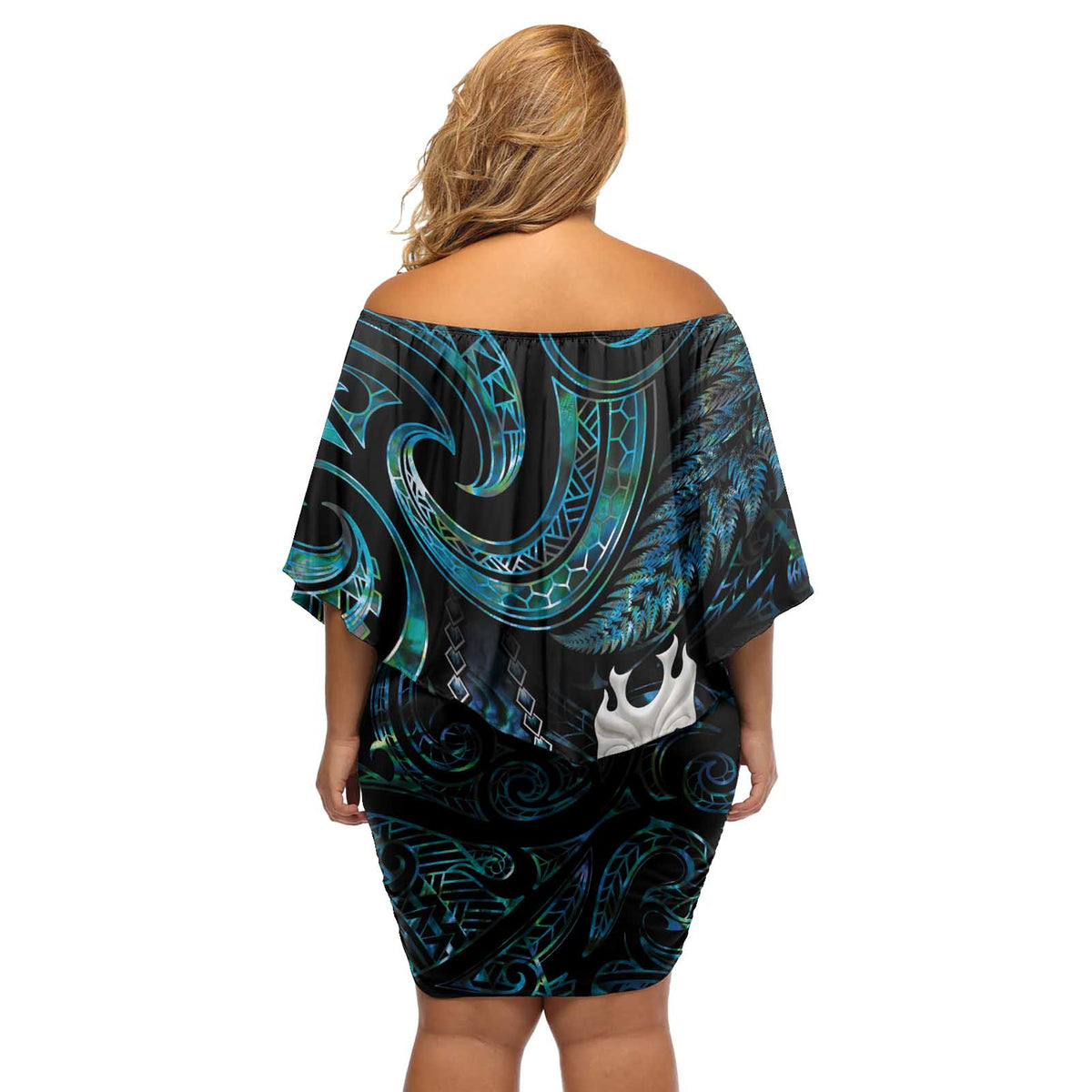New Zealand Aotearoa Off Shoulder Short Dress Maori Tane Te Waiora Paua Shell Glitter Turquoise LT05 - Polynesian Pride