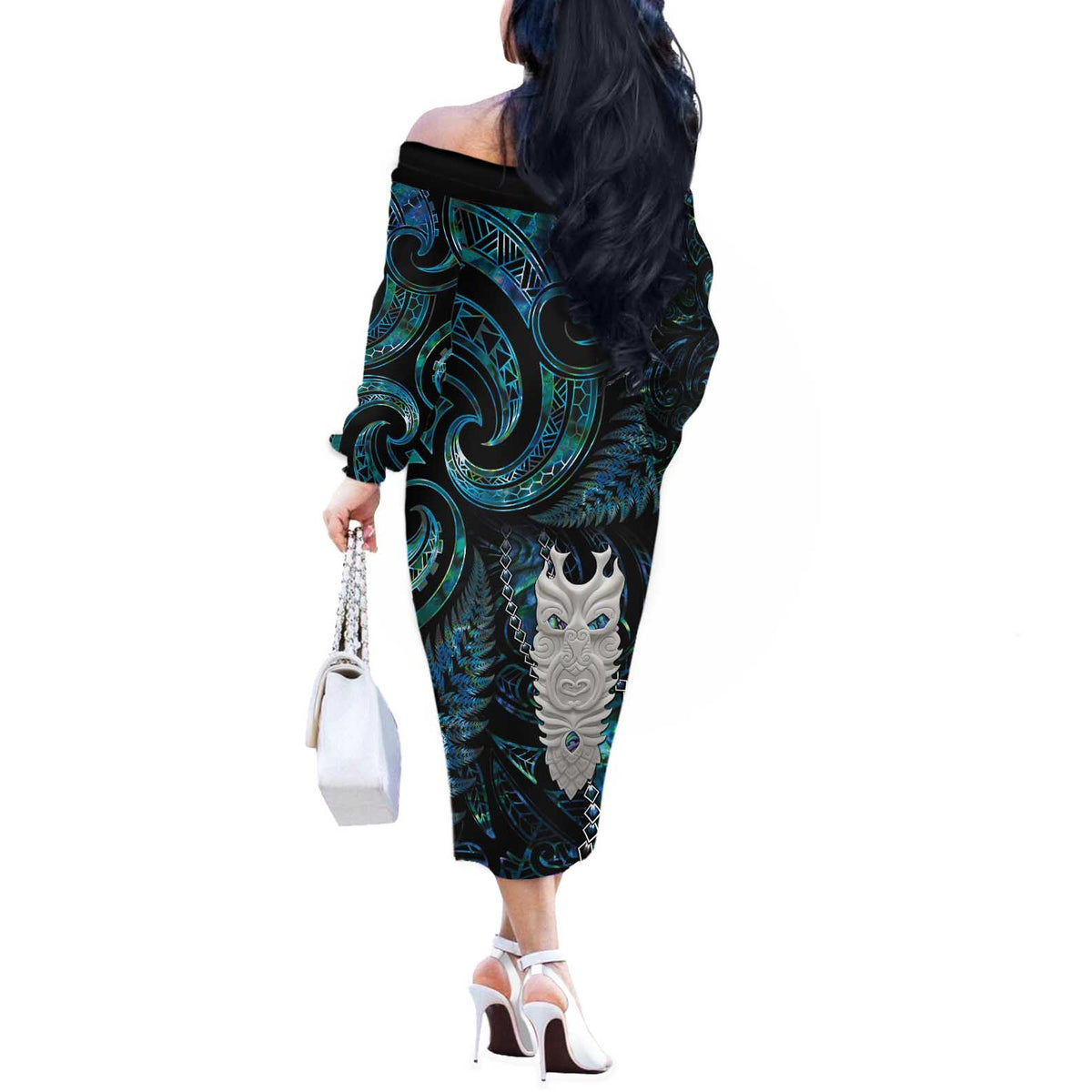 New Zealand Aotearoa Off The Shoulder Long Sleeve Dress Maori Tane Te Waiora Paua Shell Glitter Turquoise LT05 - Polynesian Pride
