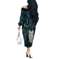 New Zealand Aotearoa Off The Shoulder Long Sleeve Dress Maori Tane Te Waiora Paua Shell Glitter Turquoise LT05 - Polynesian Pride