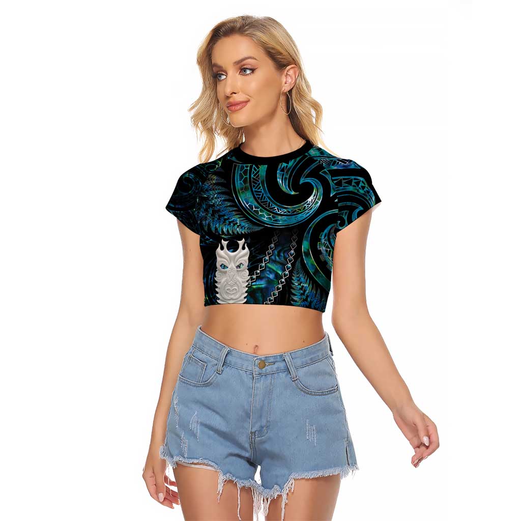 New Zealand Aotearoa Raglan Cropped T Shirt Maori Tane Te Waiora Paua Shell Glitter Turquoise LT05 Female Turquoise - Polynesian Pride