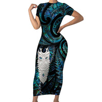 New Zealand Aotearoa Short Sleeve Bodycon Dress Maori Tane Te Waiora Paua Shell Glitter Turquoise LT05 Long Dress Turquoise - Polynesian Pride