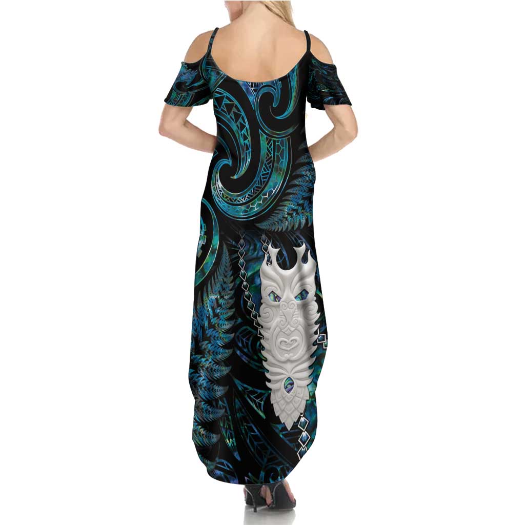 New Zealand Aotearoa Summer Maxi Dress Maori Tane Te Waiora Paua Shell Glitter Turquoise LT05 - Polynesian Pride