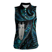 New Zealand Aotearoa Women Sleeveless Polo Shirt Maori Tane Te Waiora Paua Shell Glitter Turquoise LT05 Female Turquoise - Polynesian Pride