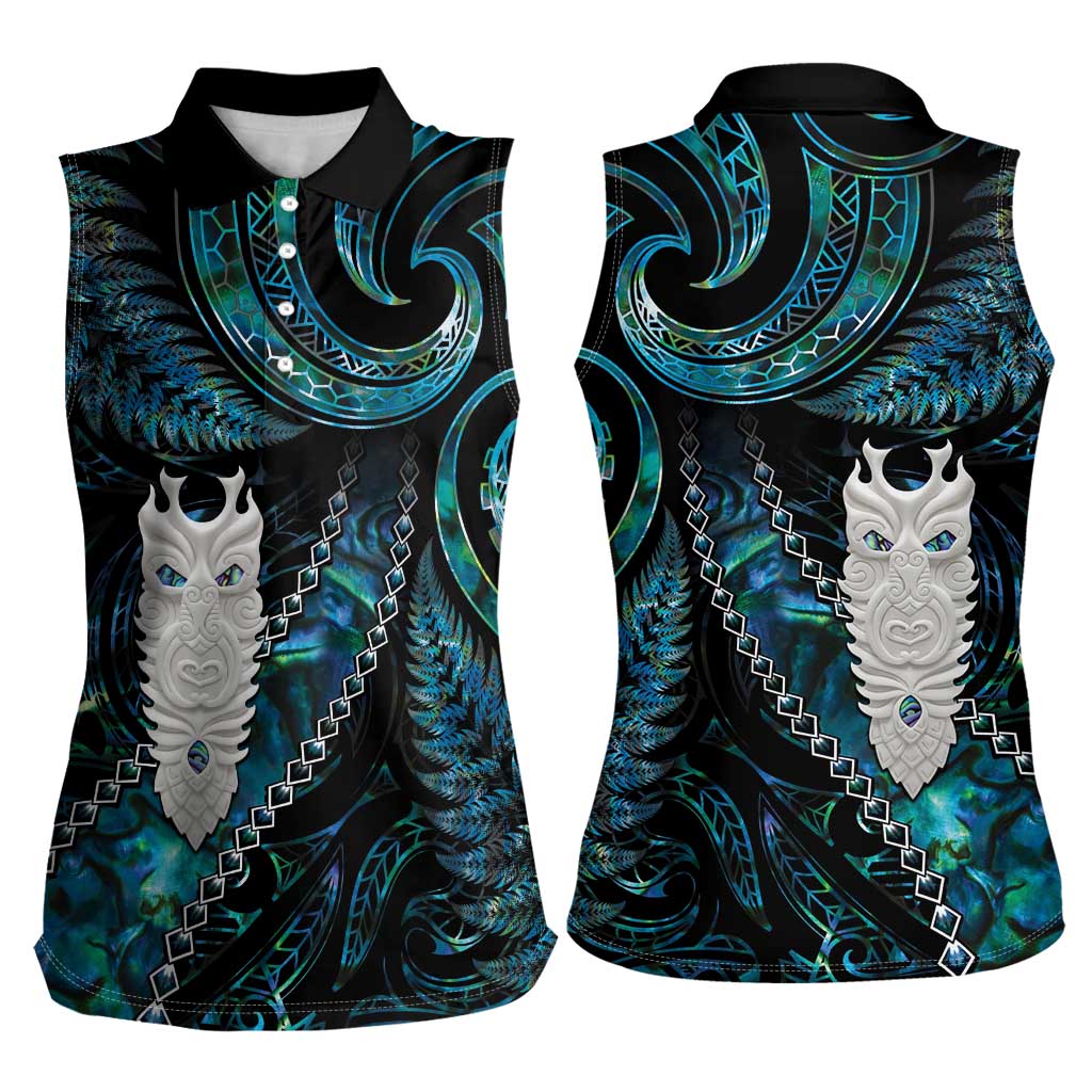 New Zealand Aotearoa Women Sleeveless Polo Shirt Maori Tane Te Waiora Paua Shell Glitter Turquoise LT05 - Polynesian Pride