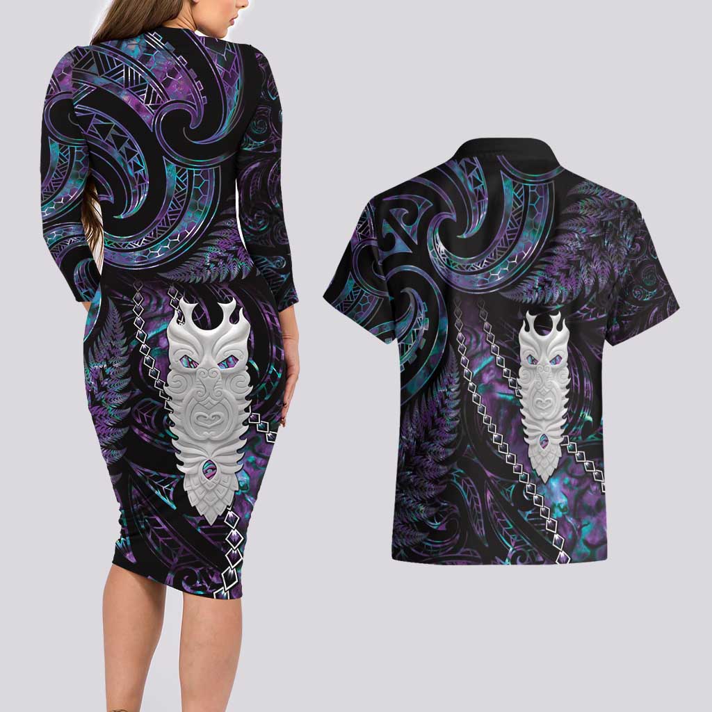 New Zealand Aotearoa Couples Matching Long Sleeve Bodycon Dress and Hawaiian Shirt Maori Tane Te Waiora Paua Shell Glitter Purple LT05 - Polynesian Pride