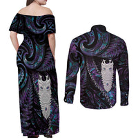 New Zealand Aotearoa Couples Matching Off Shoulder Maxi Dress and Long Sleeve Button Shirt Maori Tane Te Waiora Paua Shell Glitter Purple LT05 - Polynesian Pride