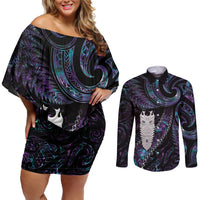 New Zealand Aotearoa Couples Matching Off Shoulder Short Dress and Long Sleeve Button Shirt Maori Tane Te Waiora Paua Shell Glitter Purple LT05 Purple - Polynesian Pride