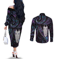 New Zealand Aotearoa Couples Matching Off The Shoulder Long Sleeve Dress and Long Sleeve Button Shirt Maori Tane Te Waiora Paua Shell Glitter Purple LT05 - Polynesian Pride