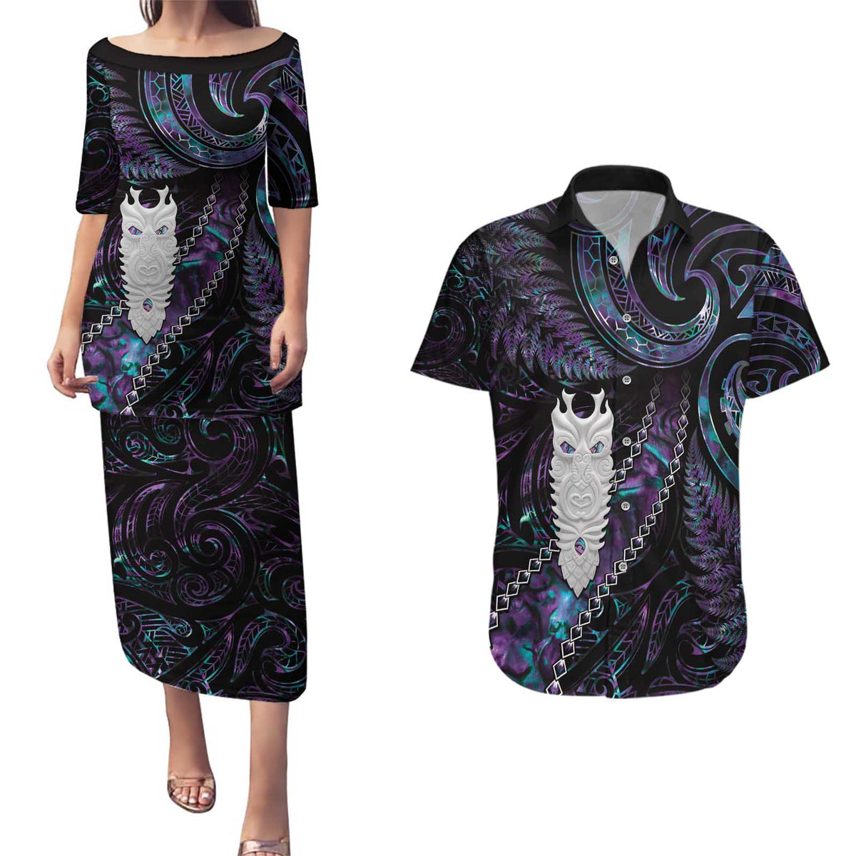 New Zealand Aotearoa Couples Matching Puletasi and Hawaiian Shirt Maori Tane Te Waiora Paua Shell Glitter Purple LT05 Purple - Polynesian Pride