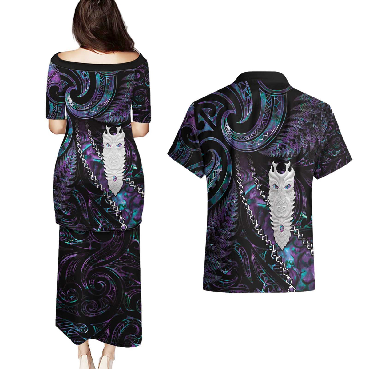 New Zealand Aotearoa Couples Matching Puletasi and Hawaiian Shirt Maori Tane Te Waiora Paua Shell Glitter Purple LT05 - Polynesian Pride