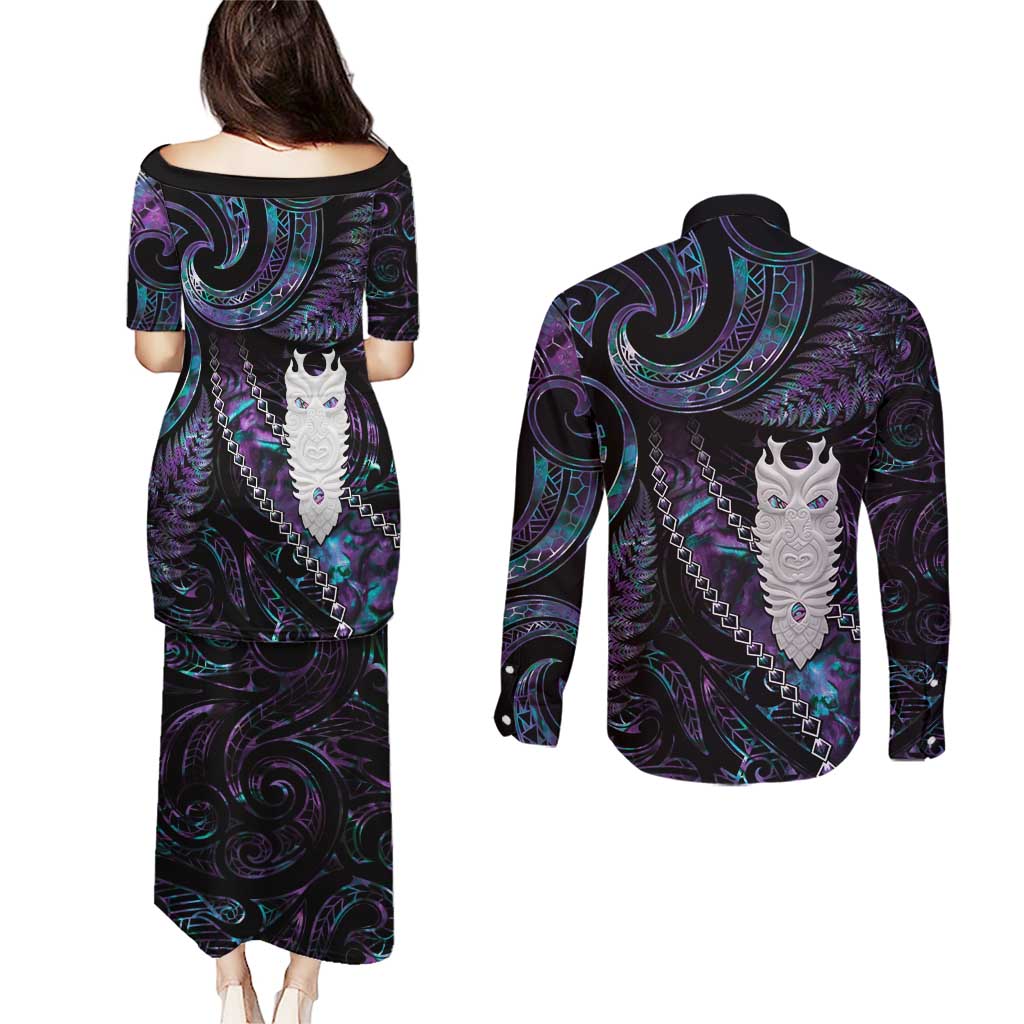 New Zealand Aotearoa Couples Matching Puletasi and Long Sleeve Button Shirt Maori Tane Te Waiora Paua Shell Glitter Purple LT05 - Polynesian Pride