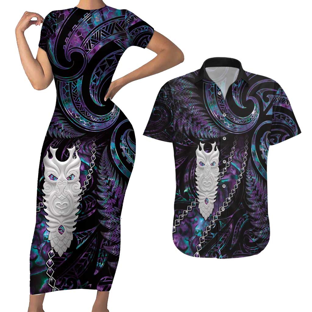 New Zealand Aotearoa Couples Matching Short Sleeve Bodycon Dress and Hawaiian Shirt Maori Tane Te Waiora Paua Shell Glitter Purple LT05 Purple - Polynesian Pride