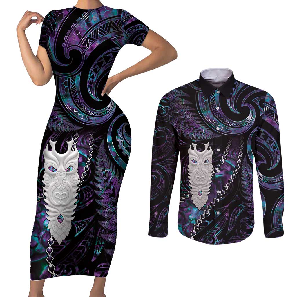 New Zealand Aotearoa Couples Matching Short Sleeve Bodycon Dress and Long Sleeve Button Shirt Maori Tane Te Waiora Paua Shell Glitter Purple LT05 Purple - Polynesian Pride