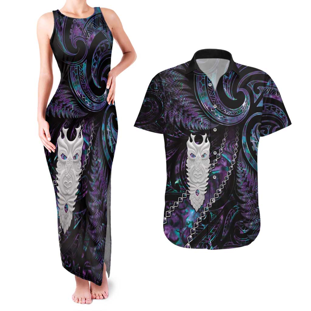 New Zealand Aotearoa Couples Matching Tank Maxi Dress and Hawaiian Shirt Maori Tane Te Waiora Paua Shell Glitter Purple LT05 Purple - Polynesian Pride