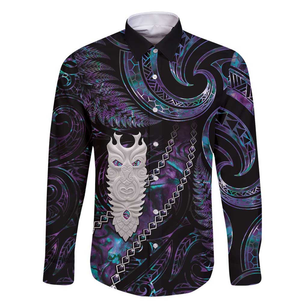 New Zealand Aotearoa Family Matching Long Sleeve Bodycon Dress and Hawaiian Shirt Maori Tane Te Waiora Paua Shell Glitter Purple LT05 Dad's Shirt - Long Sleeve Purple - Polynesian Pride