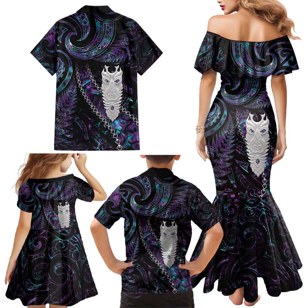 New Zealand Aotearoa Family Matching Mermaid Dress and Hawaiian Shirt Maori Tane Te Waiora Paua Shell Glitter Purple LT05 - Polynesian Pride