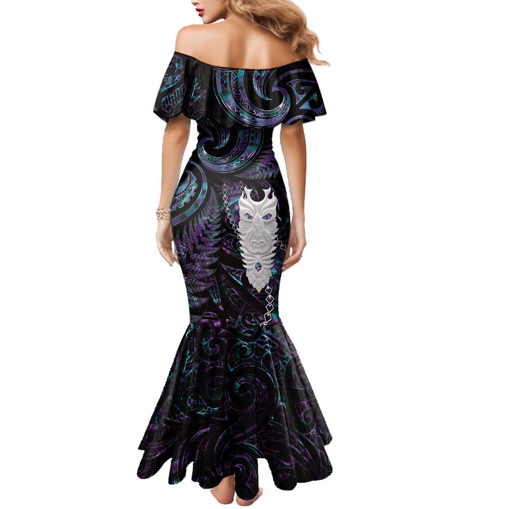 New Zealand Aotearoa Family Matching Mermaid Dress and Hawaiian Shirt Maori Tane Te Waiora Paua Shell Glitter Purple LT05 - Polynesian Pride