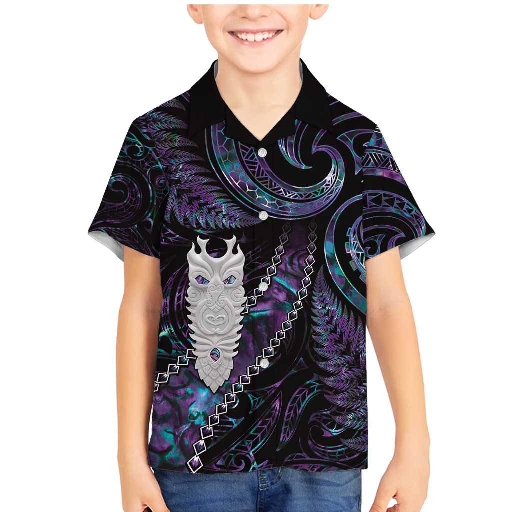 New Zealand Aotearoa Family Matching Mermaid Dress and Hawaiian Shirt Maori Tane Te Waiora Paua Shell Glitter Purple LT05 Son's Shirt Purple - Polynesian Pride