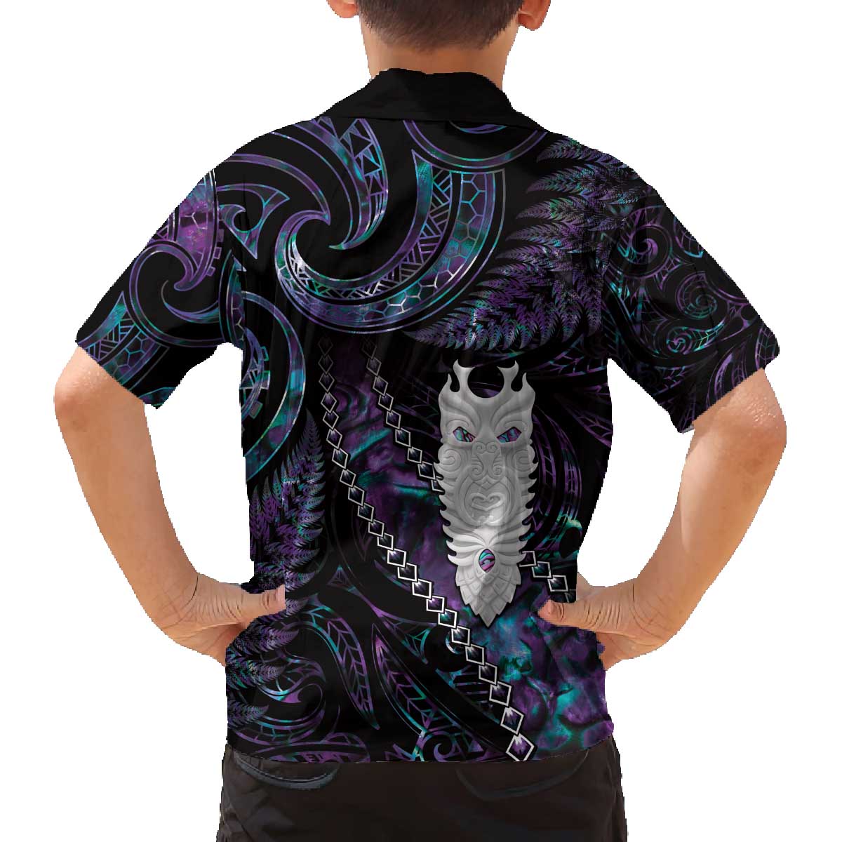 New Zealand Aotearoa Family Matching Off The Shoulder Long Sleeve Dress and Hawaiian Shirt Maori Tane Te Waiora Paua Shell Glitter Purple LT05 - Polynesian Pride