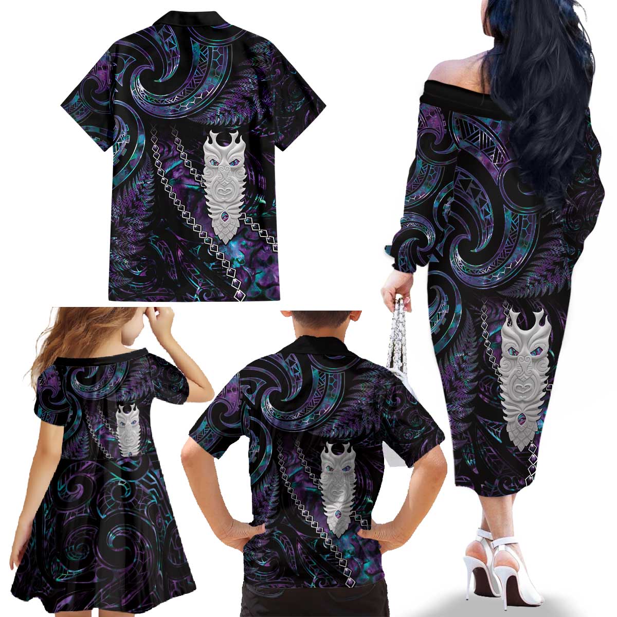 New Zealand Aotearoa Family Matching Off The Shoulder Long Sleeve Dress and Hawaiian Shirt Maori Tane Te Waiora Paua Shell Glitter Purple LT05 - Polynesian Pride