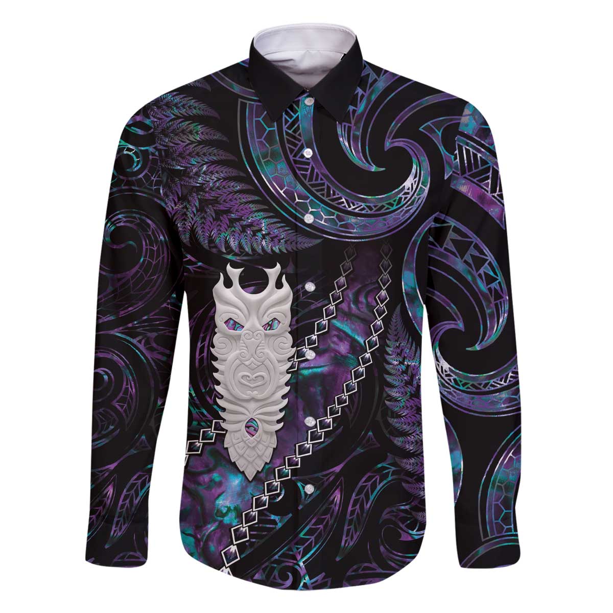 New Zealand Aotearoa Family Matching Off The Shoulder Long Sleeve Dress and Hawaiian Shirt Maori Tane Te Waiora Paua Shell Glitter Purple LT05 Dad's Shirt - Long Sleeve Purple - Polynesian Pride