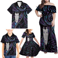 New Zealand Aotearoa Family Matching Off Shoulder Maxi Dress and Hawaiian Shirt Maori Tane Te Waiora Paua Shell Glitter Purple LT05 - Polynesian Pride