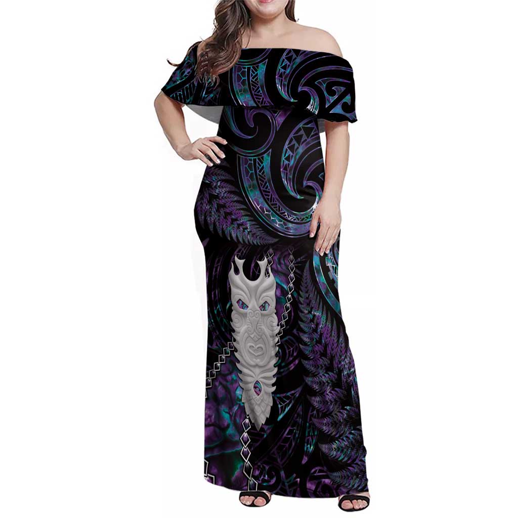 New Zealand Aotearoa Family Matching Off Shoulder Maxi Dress and Hawaiian Shirt Maori Tane Te Waiora Paua Shell Glitter Purple LT05 Mom's Dress Purple - Polynesian Pride