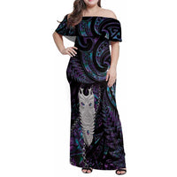New Zealand Aotearoa Family Matching Off Shoulder Maxi Dress and Hawaiian Shirt Maori Tane Te Waiora Paua Shell Glitter Purple LT05 Mom's Dress Purple - Polynesian Pride